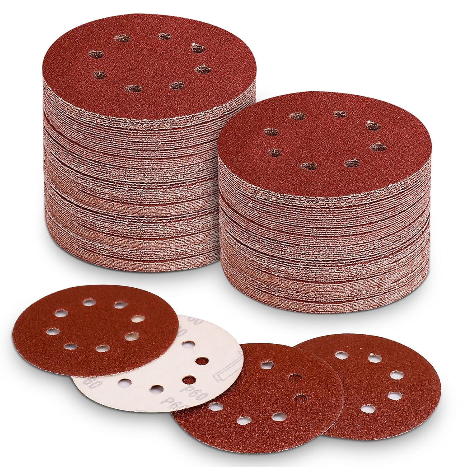 FRKSMD-100 PCS 5 Inch Sanding Discs 60 Grit Hook and Loop Sandpaper for Random Orbital Sander Round Sand Paper