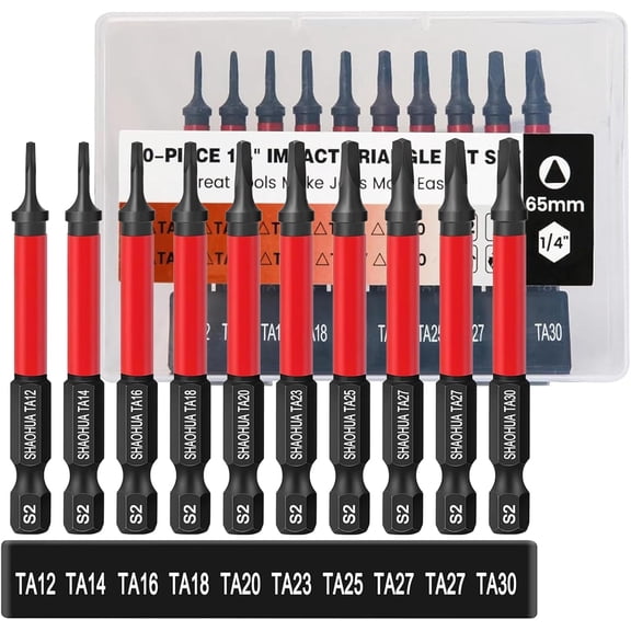 FRKSMD-10PCS Triangle Screwdriver Bits, TA12/14/16/18/20/23/25/27(x2)/30 Impact Tough Triangle Bits Set, Upgraded S2 Steel Triangle Drill Bit Set, 1/4''Hex 65mm Length Triangular Screwdrivers