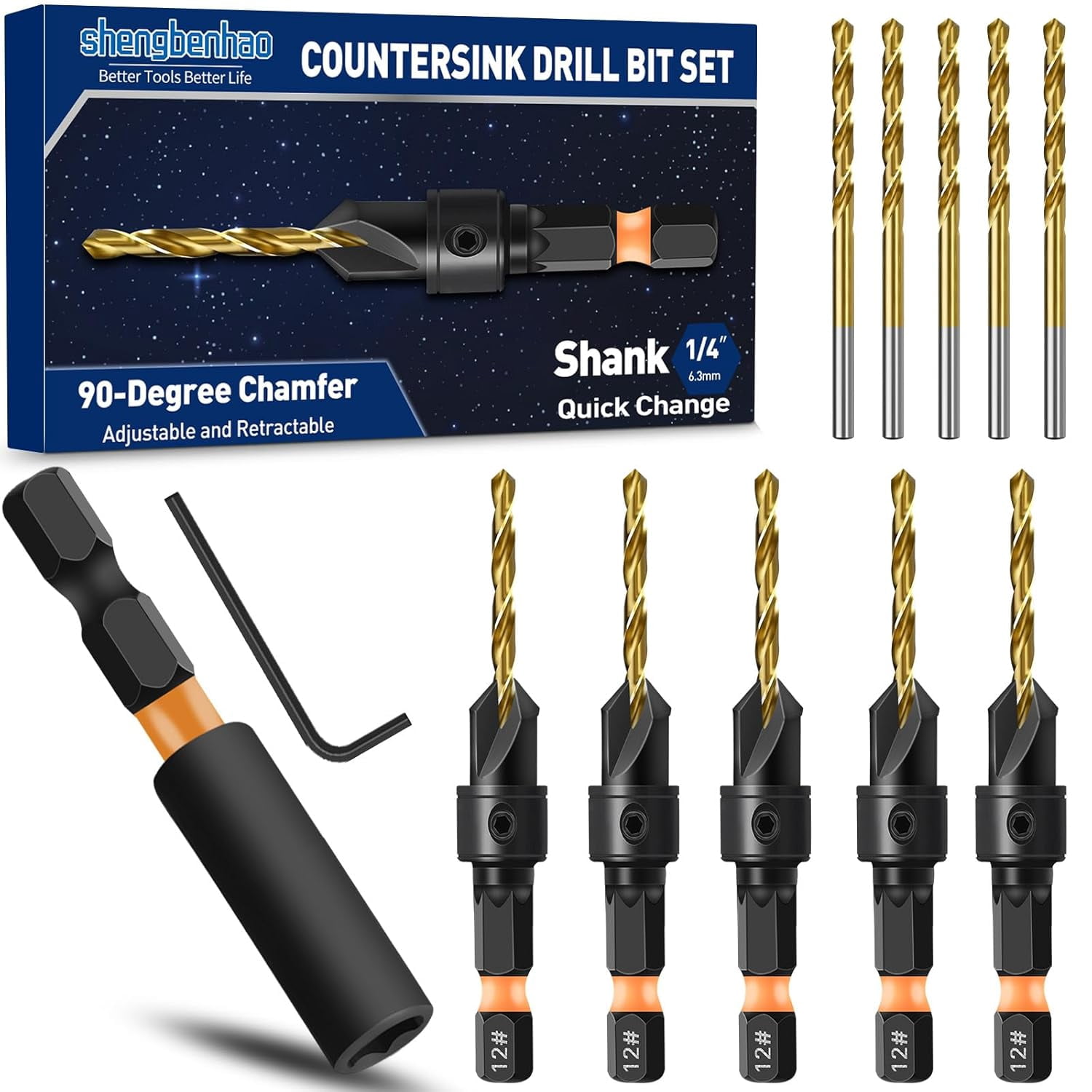 FRKSMD-#12 Countersink Drill Bit Set for Wood, 12Pcs Adjustable Counter Sink Drill Bit with Magnetic Extension Bit Holder and 1/4\u201d Hex Shank Quick Change for Woodworking