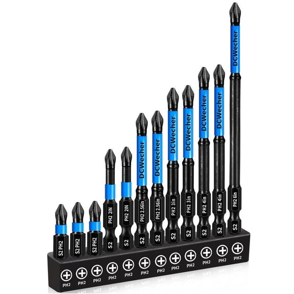 FRKSMD-12-Pack 2 Phillips Bits #2 Impact Magnetic, Professional Long Phillips Head Drill & Screwdriver Bit (1-6-Inch), S2 Alloy Steel, CNC Anti-Slip, 1/4" Hex Shank, Ph2 for Impact Driver, by