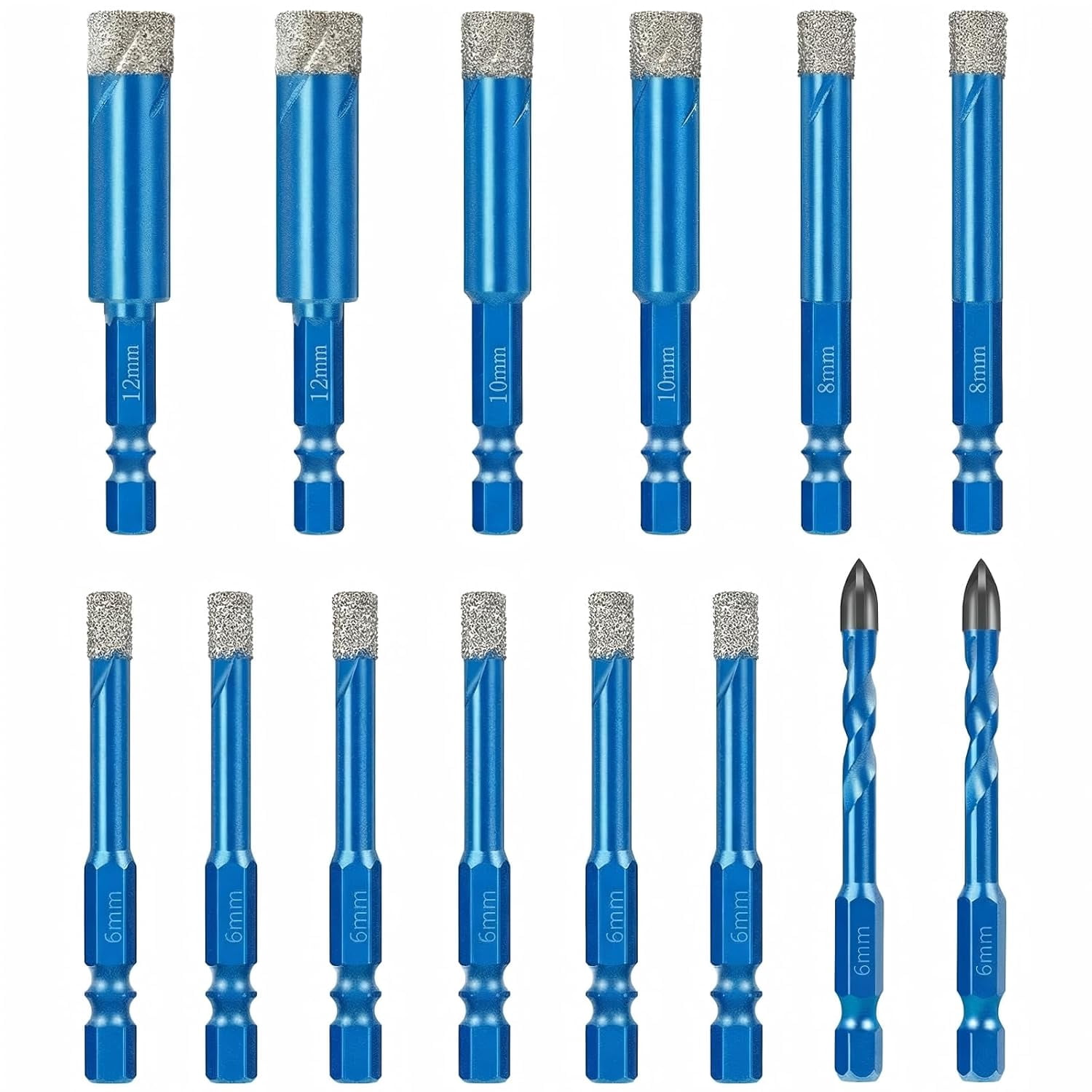 FRKSMD-14 PCS Diamond Drill Bits Set, Dry Diamond Drill Bit Set, Hex Shank Tile Drill Bits for Glass Ceramic Pots Porcelain Tiles Stone - 1/4” 5/16” 3/8” 1/2”, Blue