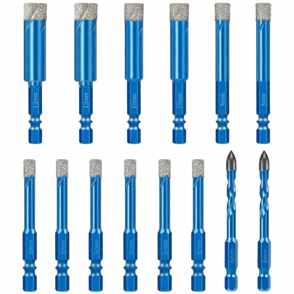 FRKSMD-14 PCS Diamond Drill Bits Set, Dry Diamond Drill Bit Set, Hex Shank Tile Drill Bits for Glass Ceramic Pots Porcelain Tiles Stone - 1/4 5/16 3/8 1/2, Blue