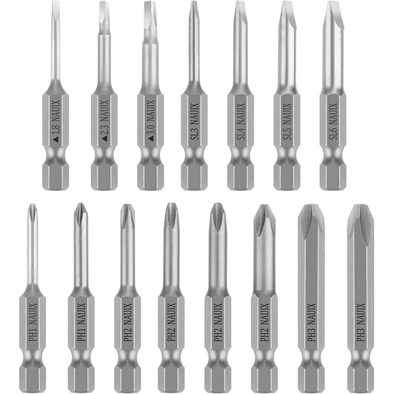 FRKSMD-15 Piece Slotted Phillips Triangle Screwdriver Bit Set, 1/4 Inch Hex Shank S2 Steel Magnetic 2 Inch Long Drill Bits