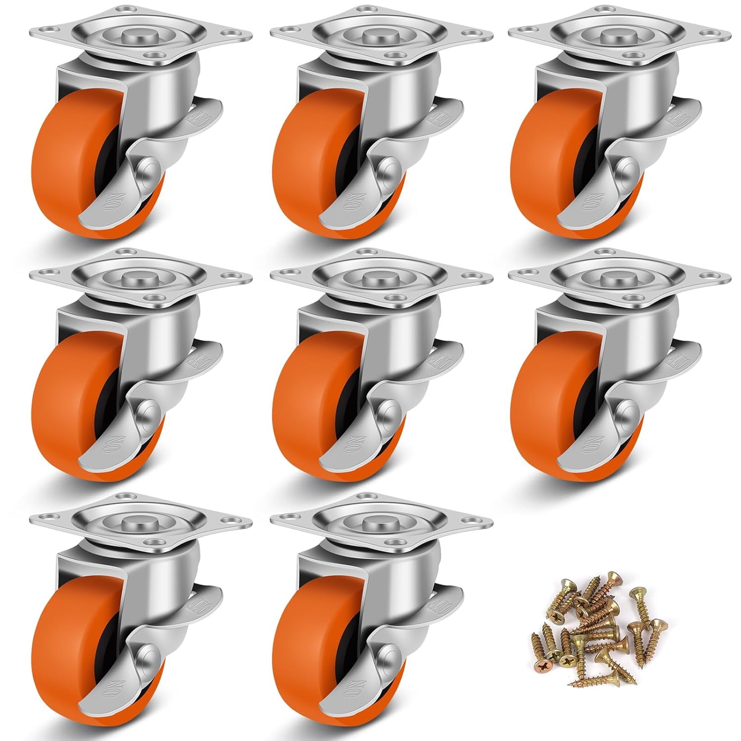 FRKSMD-2" Caster Wheels, Casters Set of 8, Heavy Duty Caster with Brake, Locking Castors with Polyurethane WheelSmall Plate Swivel Castor Wheels for Furniture Carts and Workbench,Pack of 8
