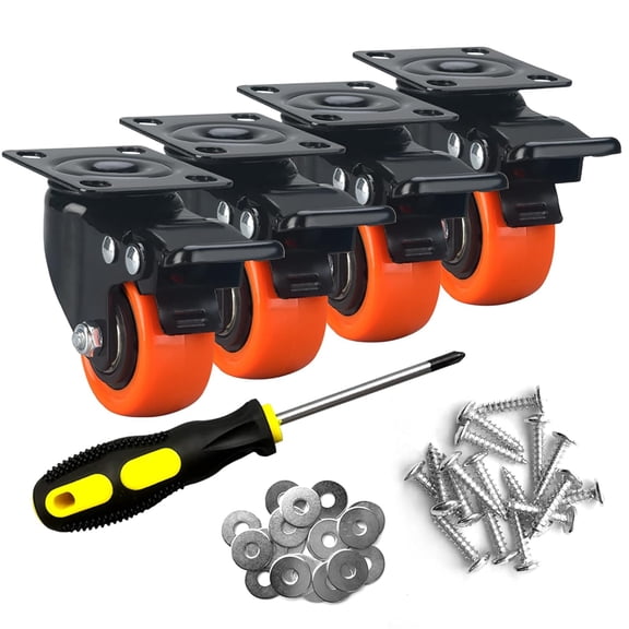 FRKSMD-2" Caster Wheels Set of 4, Heavy Duty Casters with Brake, No Noise Locking Casters with Orange Polyurethane (PU) Wheels, Swivel Plate Castors Pack of 4