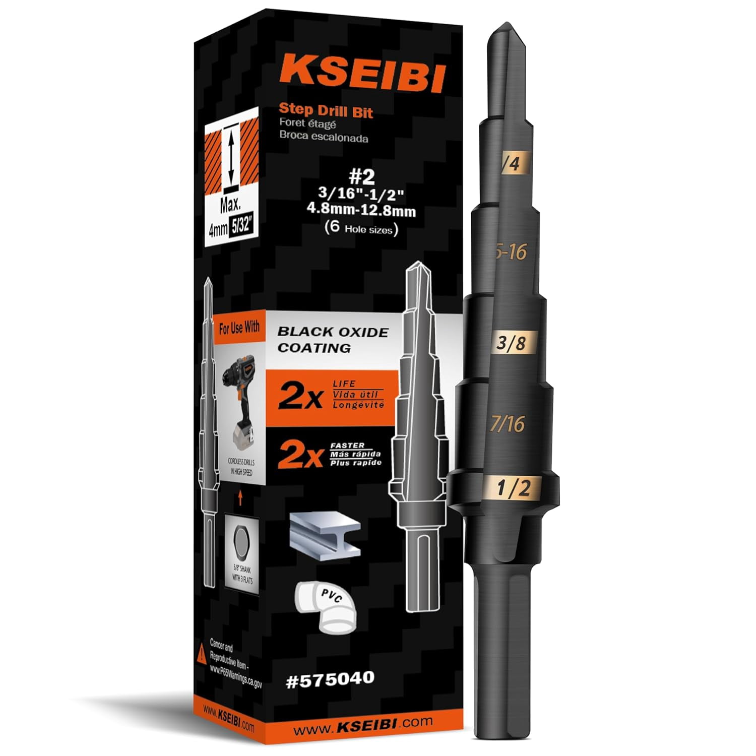 FRKSMD-#2 HSS Step Drill Bit Set 3/16-1/2" with 3/8 Shank - Black Oxide Finish for Metal, Wood, Plastic Drilling - Durable, Precision Multi-Sized Bits with 3-Flat Shank 575040