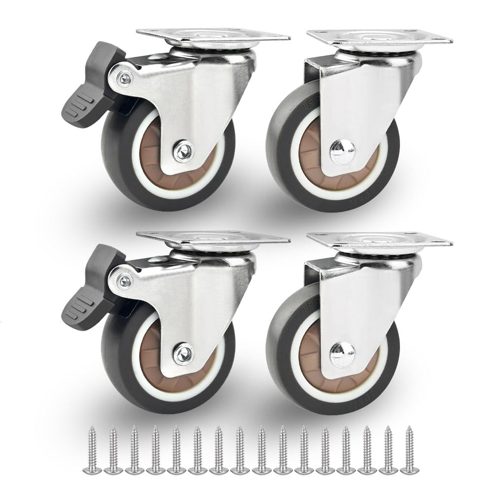 FRKSMD-2 Inch Swivel Caster Wheels with Brake(2 with Brakes&2 Without) – Heavy Duty Rubber Casters Set of 4, Supports up to 231 Lbs, No Noise, Locking Plate Castors Safe for Hardwood Floor & Carpet