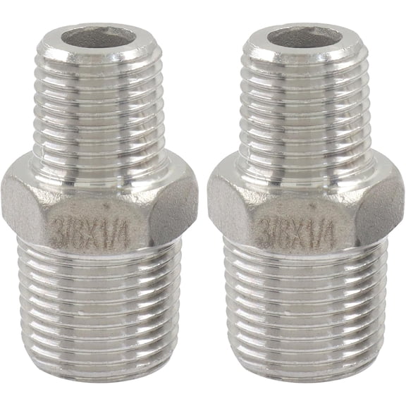 FRKSMD-2 Pack 3/8 Inch x 1/4 Inch NPT Male Threaded Hex Nipple Reducer, Stainless Steel Reducing Nipple Pipe Fitting Adapter for Plumbing Systems, Straight Connector Fitting