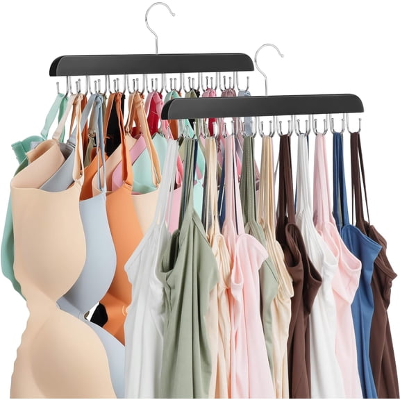 FRKSMD-2 Pack Bra Hanger, Tank Top Hanger, Bra Hangers for Closet Organizer, Wooden Closet Organizer with 40 Adjustable Hooks, Space-Saving Storage for Bras, Tank Tops, and Belts, Black