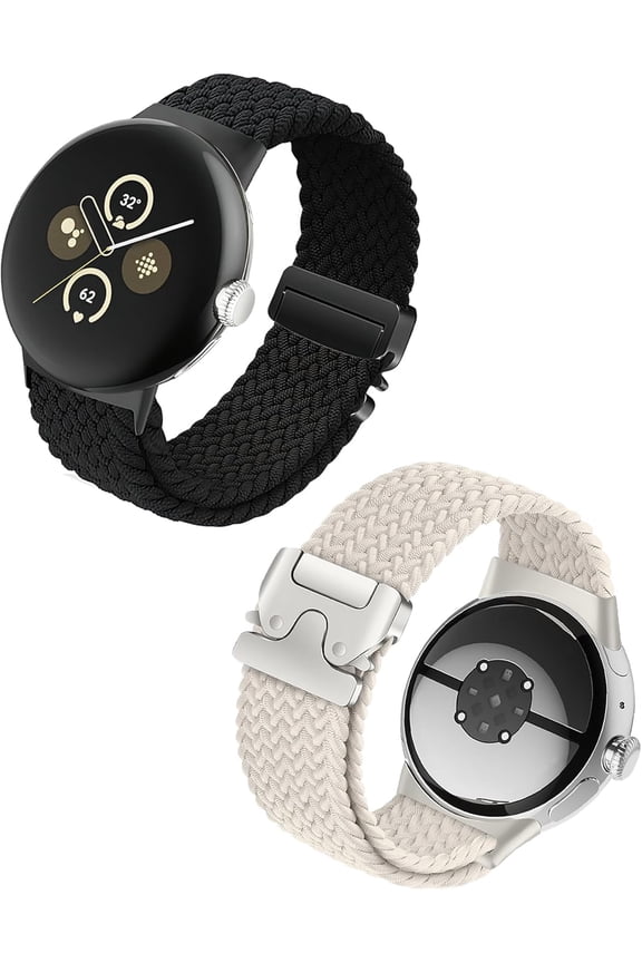 -2 Pack Nylon Braided Sport Bands Compatible with Google Pixel Watch 4/3 /2/1 45mm Bands,Soft Breathable 41mm watch Straps for Men Women - Metal Parachute Buckle Replacement Watch Band