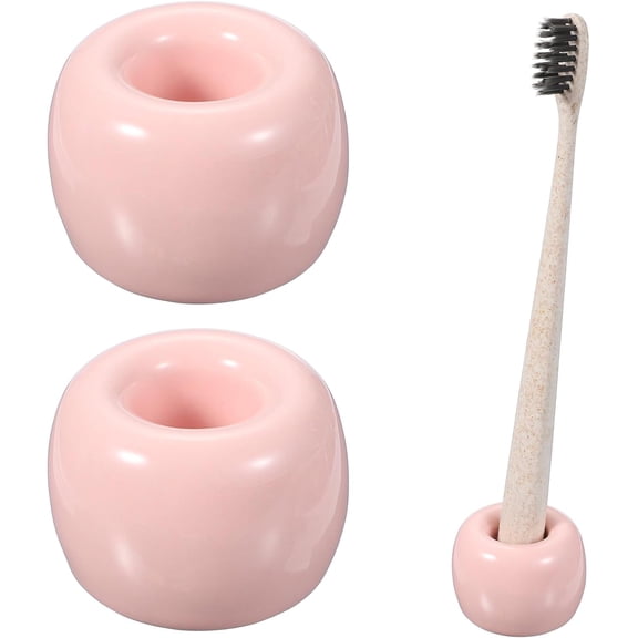 FRKSMD-2 Pcs Mini Ceramics Toothbrush Holder Stands, Sleek Mini Countertop Toothbrush Round Shape Ceramic Holder Stand for Bathroom Vanity Countertops, Pink