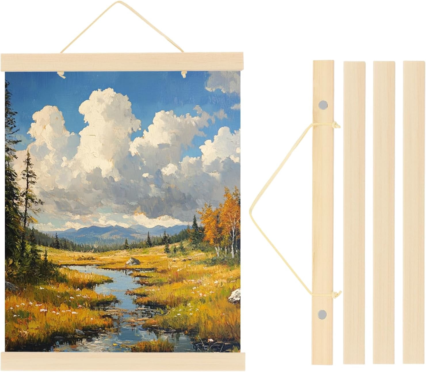 FRKSMD-2 Set Magnetic Poster Hanger Frame 12 Inch Wooden Magnet Picture Hangers Frames Wide Hanging Kit for Photos, Pictures, Artwork, Maps, Wood Color