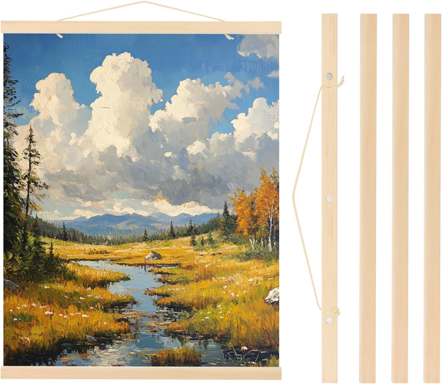 FRKSMD-2 Set Magnetic Poster Hanger Frame 16 Inch Wooden Magnet Picture Hangers Frames Wide Hanging Kit for Photos, Pictures, Artwork, Maps, Wood Color