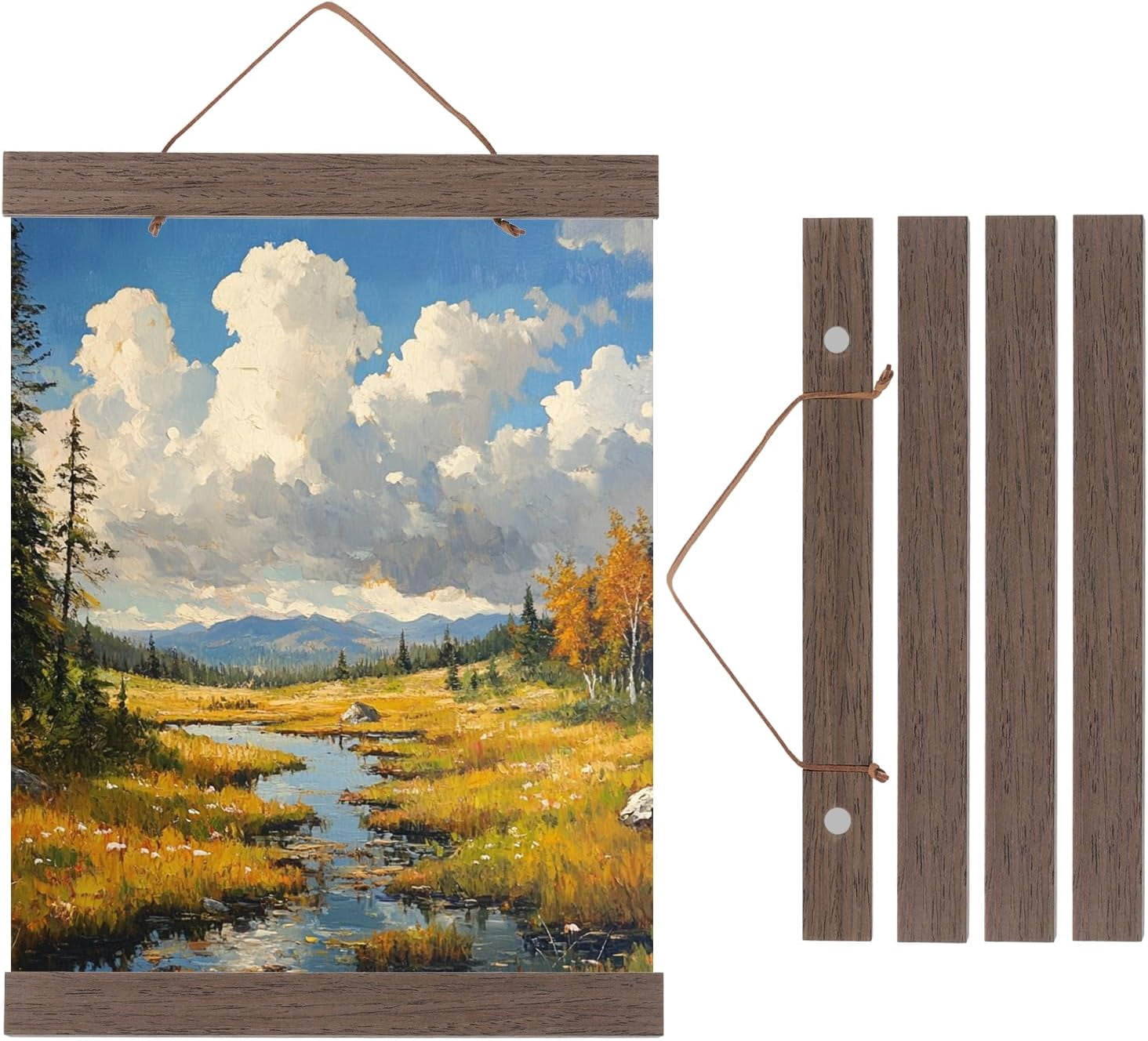 FRKSMD-2 Set Magnetic Poster Hanger Frame 8 Inch Wooden Magnet Picture Hangers Frames Wide Hanging Kit for Photos, Pictures, Artwork, Maps, Dark Brown