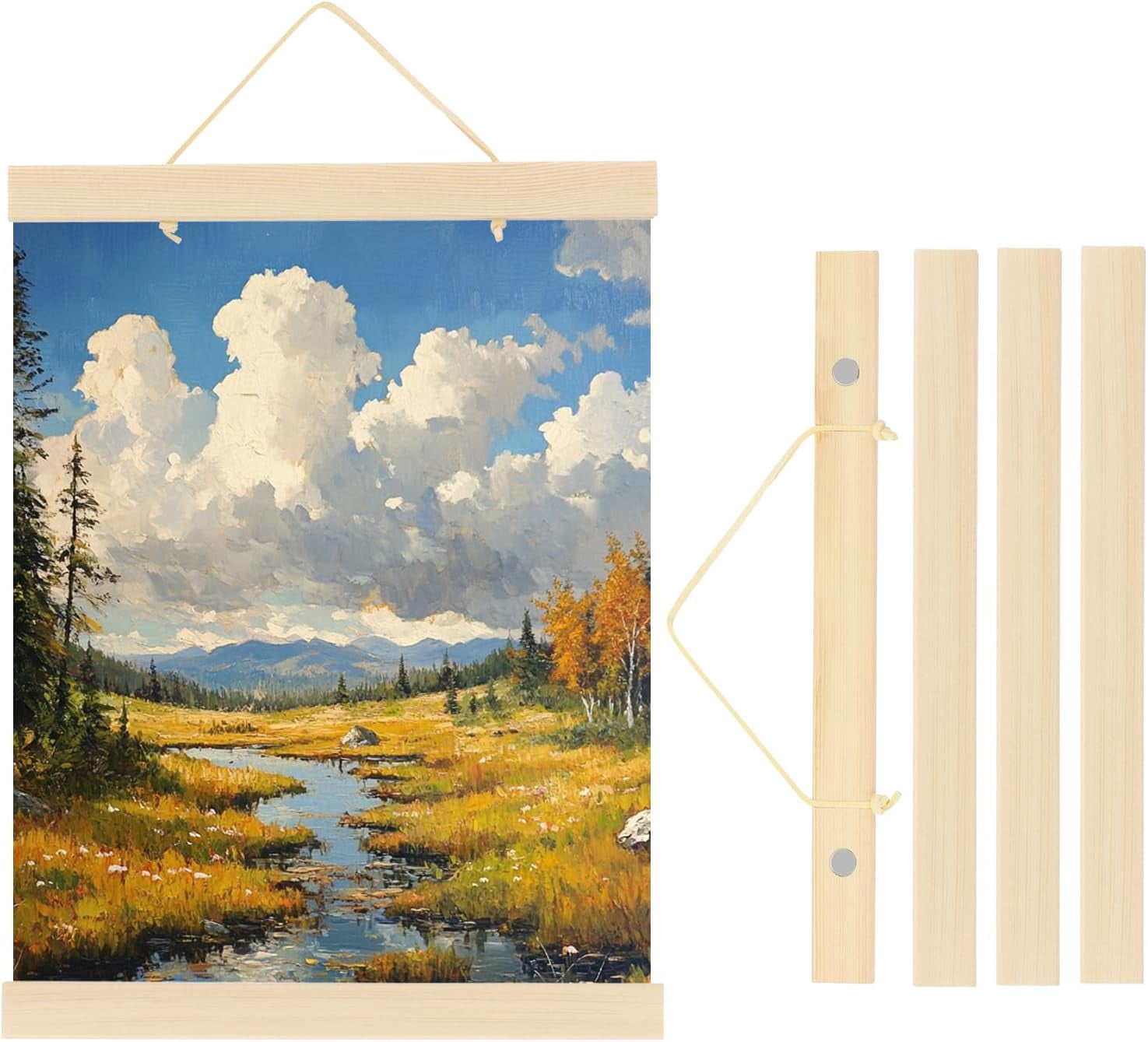 FRKSMD-2 Set Magnetic Poster Hanger Frame 8 Inch Wooden Magnet Picture Hangers Frames Wide Hanging Kit for Photos, Pictures, Artwork, Maps, Wood Color