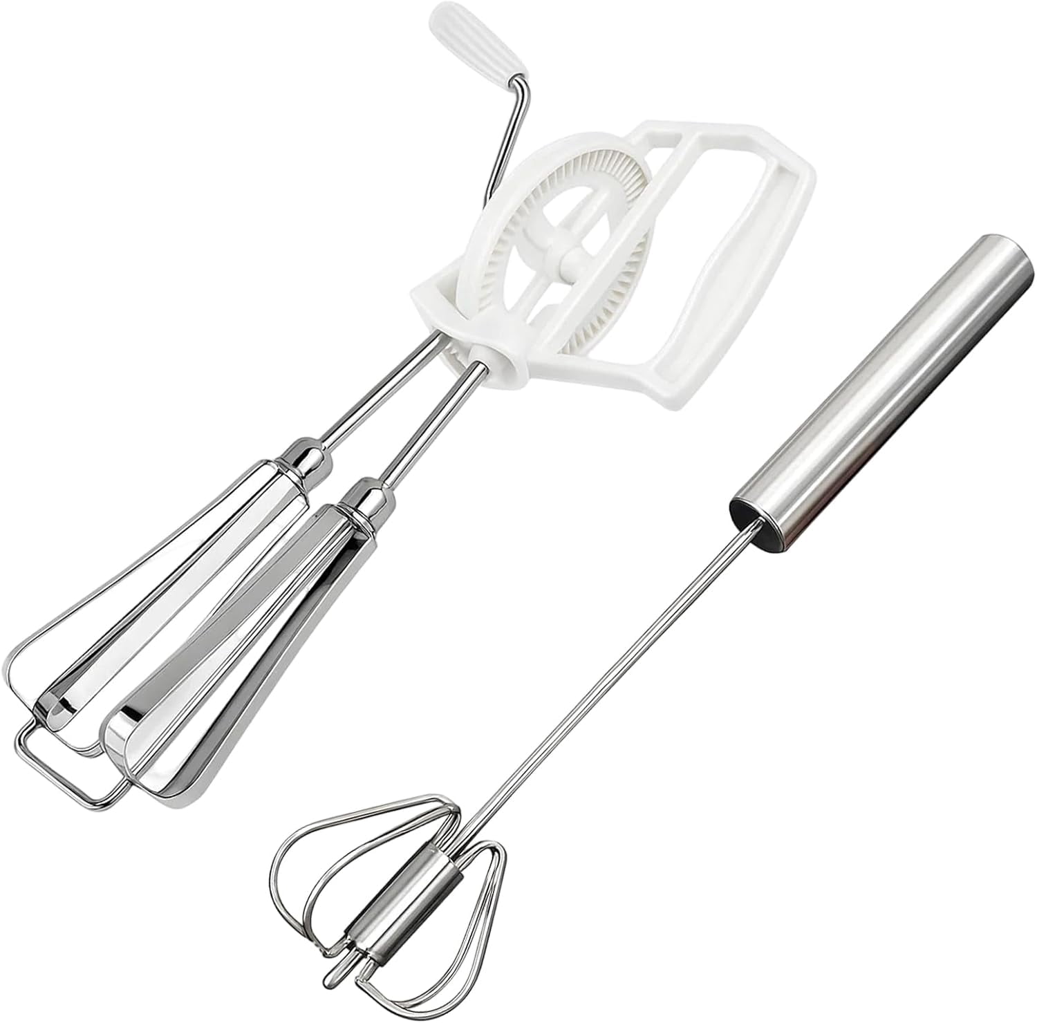 FRKSMD-2 White Bagged Egg Beaters + 1 Large Semi-Automatic Stainless Steel Mixer, Durable Kitchen Tools for Baking and Cooking,Egg Beaters Hand Crank, Manual Hand Mixer Set
