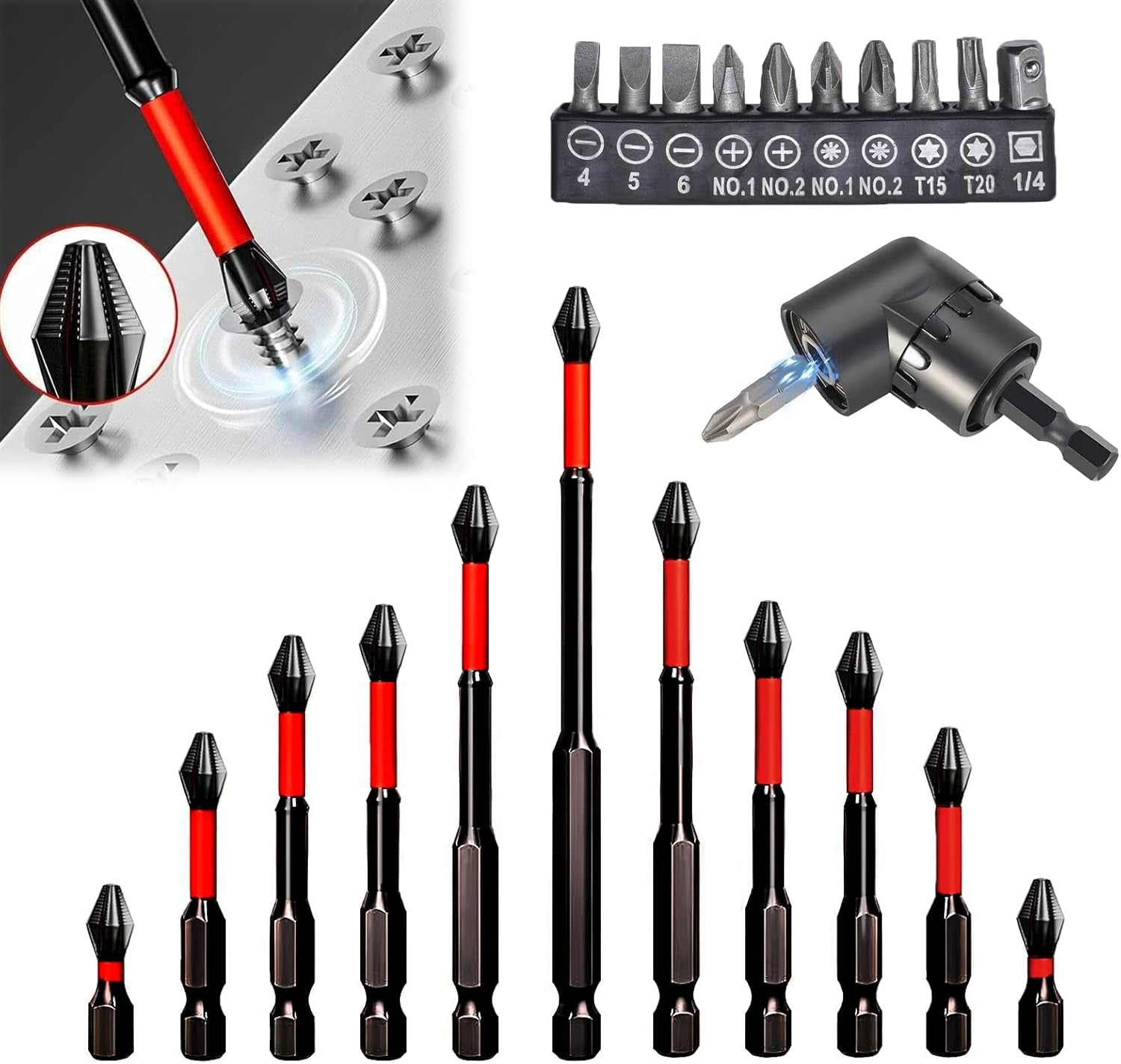 FRKSMD-22Pcs Magnetic Screwdriver Bit Set-Phillips Impact Anti Slip Bits and Right Angle Drill Attachment & Short Screwdriver Bits, Used for Electric Hand Tool