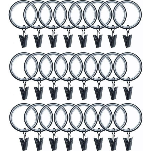 FRKSMD-24 Pack Curtain Rings with Smooth, Quiet Nylon Inserts with Clips, Window Clip Rings Curtain Hooks Hangers, 1.26 in Interior Diameter, Fits up to 1" Rod (Black)