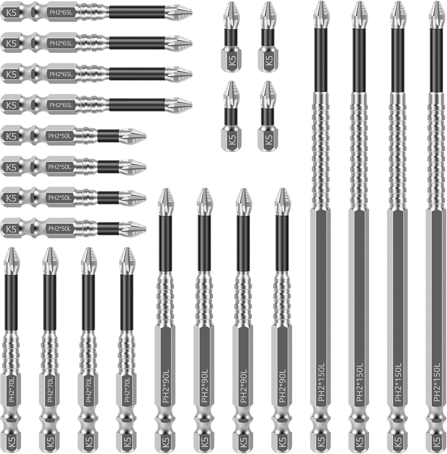 FRKSMD-24 Pcs Impact Screwdriver Bits, Alloy Nonslip Teeth Phillips Screwdriver Bit Set-1/4in Shank, Magnetic Long Drill Bits, Magnetic Drill Bit Set for Electric Screwdrivers 25+50+65+70+90+150mm