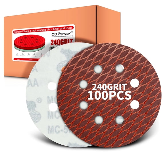 FRKSMD-240 grit Sanding Disc 5 Inch 8 Hole Hook and Loop, Diamond Shape Sand Paper for Woodworking & Automotive etc, Sanding Pads for Random Orbital Sander, 100-Pack