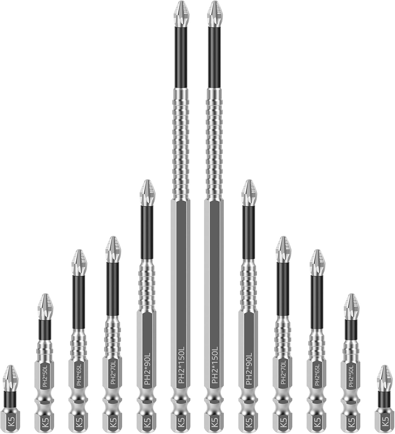 FRKSMD-24Pcs Impact Phillips Bits, Alloy High-Magnetic Screwdriver Drill Bit Set, Non-Slip Teeth Phillips Screwdriver Bit Set, Long Drill Bits for Electric Drills, 1+2+2.6+2.8+3.5+6in