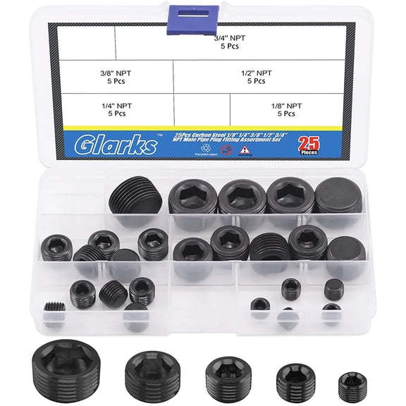 FRKSMD-25Pcs Carbon Steel 1/8'' 1/4'' 3/8'' 1/2'' 3/4'' Pipe Plug Fitting Assortment Set