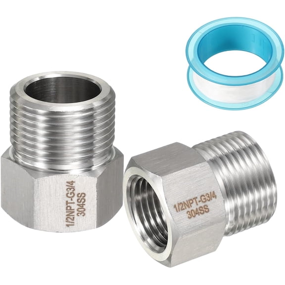 FRKSMD-2Pcs 304 Stainless Steel Forged Pipe Fitting, 1/2" NPT Female to 3/4" g Male Thread Adapter Hex Pipe Fitting Adapter Converter for Hose Line Connection Convert, (1.3x1.18")