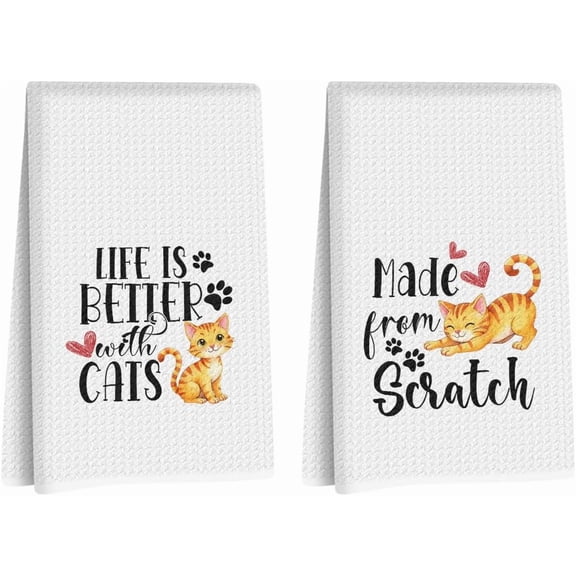 FRKSMD-2Pcs Cute Cat Kitchen Towels 24x14 Inch, Make from Scratch, Absorbent Microfiber Dish Cloth Tea Towel, Waffle Hand Towels for Kitchen Home Bathroom, Cat Lover Gifts