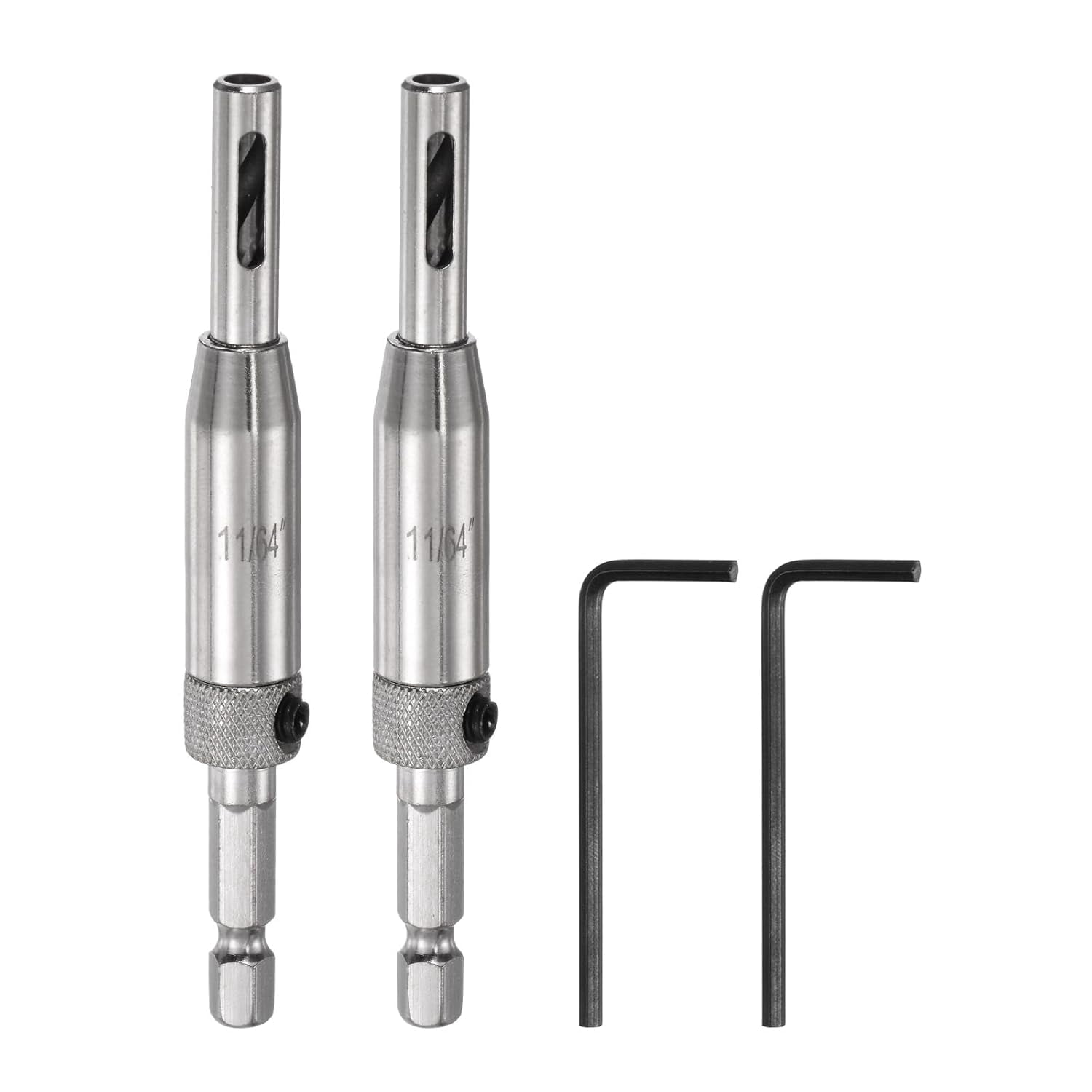 FRKSMD-2pcs Self Centering Drill Bit Set 11/64", 1/4" Hex Shank Drilling Bits for Wood Working, Cabinet Door Hinge Hole Punch Tool Self Center with Hex Keys L-Shaped, Silver