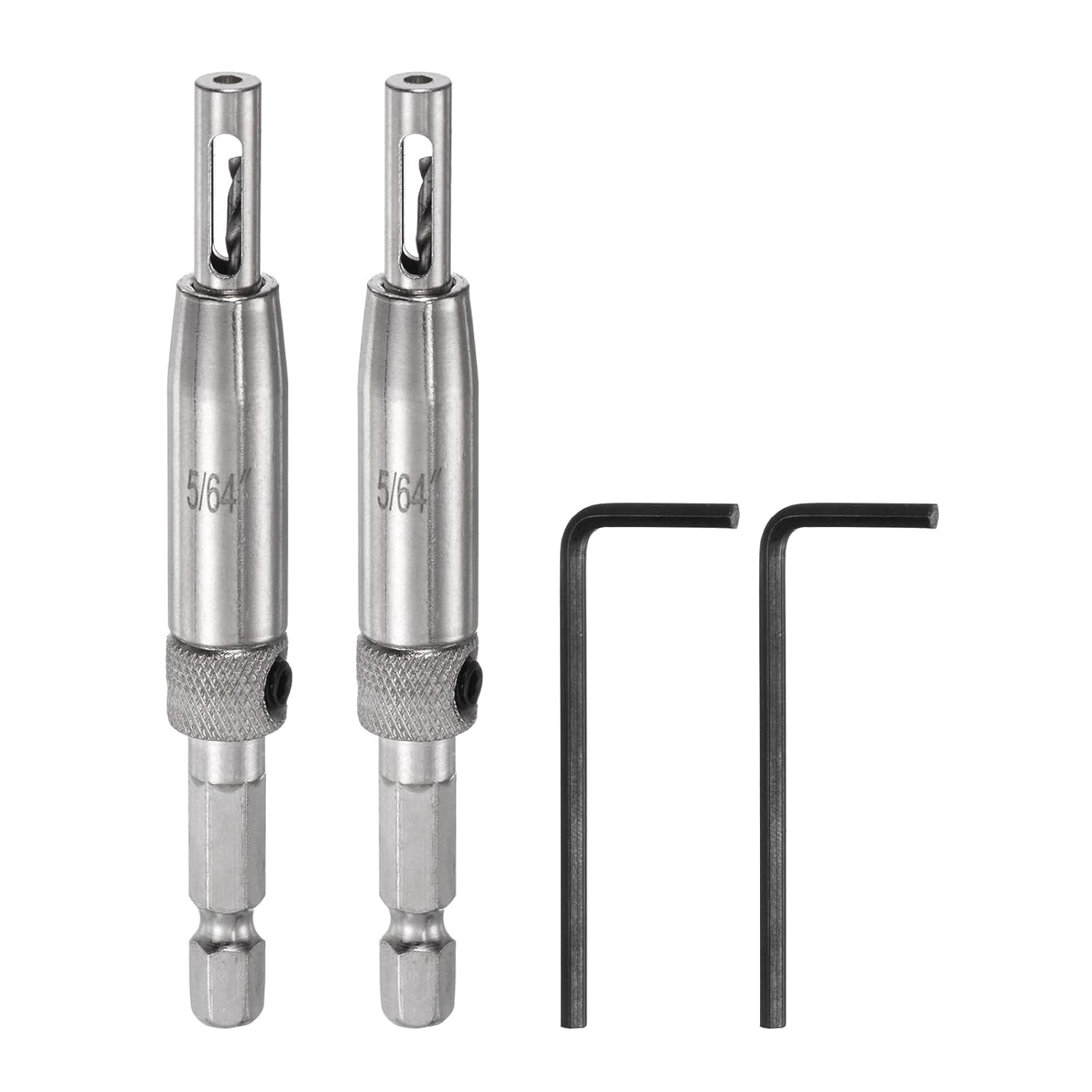 FRKSMD-2pcs Self Centering Drill Bit Set 5/64", 1/4" Hex Shank Drilling Bits for Wood Working, Cabinet Door Hinge Hole Punch Tool Self Center with Hex Keys L-Shaped, Silver
