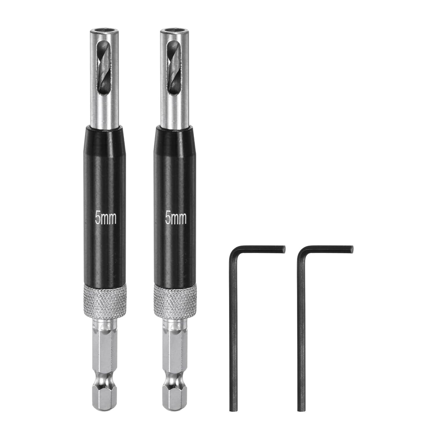 FRKSMD-2pcs Self Centering Drill Bit Set 5mm, 1/4" Hex Shank Drilling Bits for Wood Working, Cabinet Door Hinge Hole Punch Tool Self Center with Hex Keys L-Shaped, Black