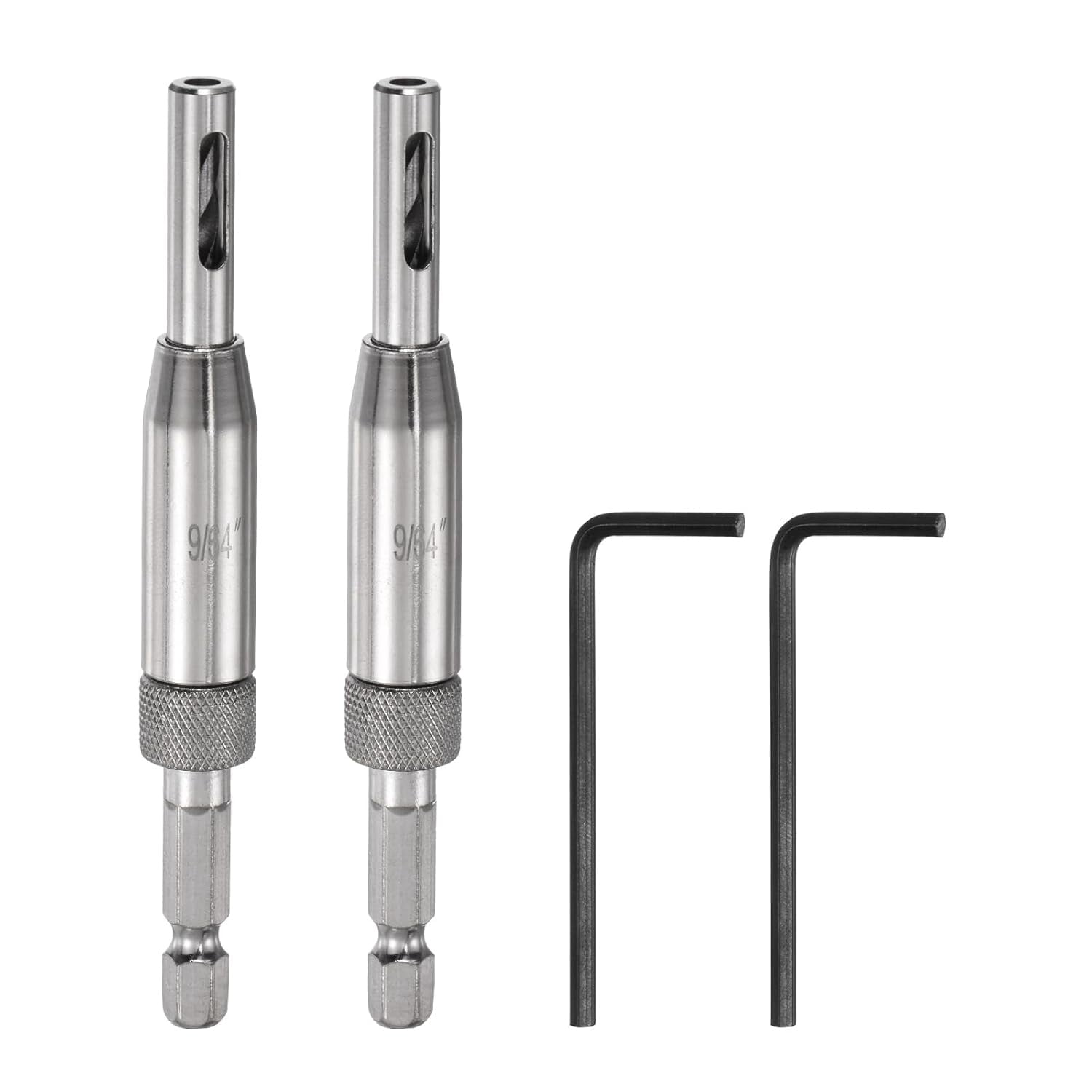 FRKSMD-2pcs Self Centering Drill Bit Set 9/64", 1/4" Hex Shank Drilling Bits for Wood Working, Cabinet Door Hinge Hole Punch Tool Self Center with Hex Keys L-Shaped, Silver