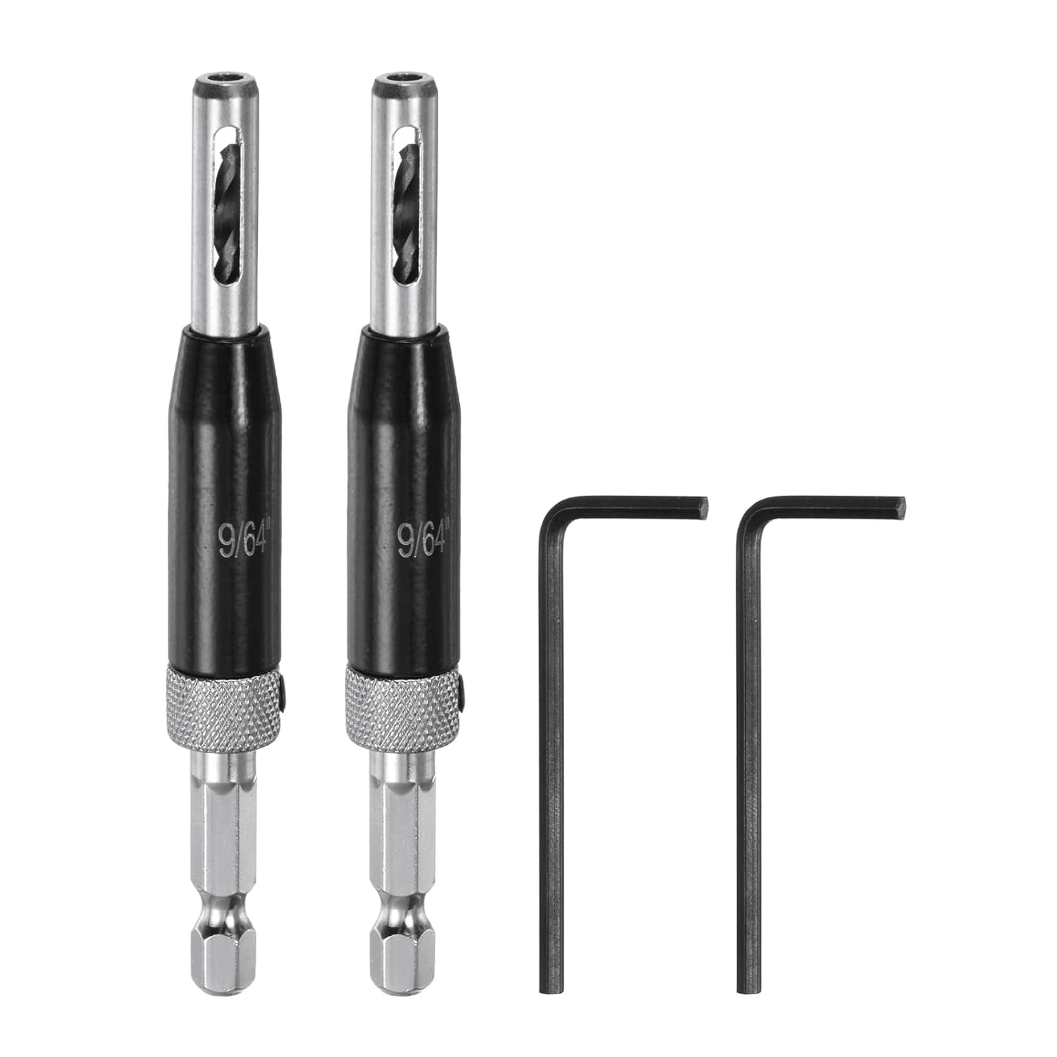 FRKSMD-2pcs Self Centering Drill Bit Set 9/64", 1/4" Hex Shank Drilling Bits for Wood Working, Cabinet Door Hinge Hole Punch Tool Self Center with Hex Keys L-Shaped, Black
