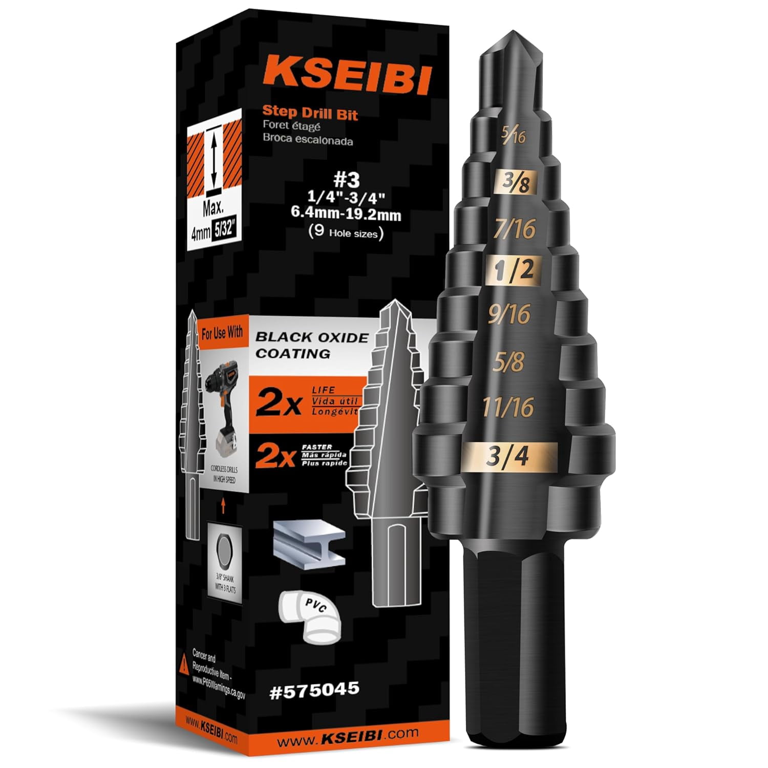 FRKSMD-#3 HSS Step Drill Bit Set 1/4-3/4" with 3/8 Shank - Black Oxide Finish for Metal, Wood, Plastic Drilling - Durable, Precision Multi-Sized Bits with 3-Flat Shank 575045
