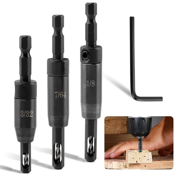 FRKSMD-3-Piece Self Centering Drill Bit Set, Ultra-Hard Steel VIX Bit with Hex Key, CC2430 3/32" 7/64" 1/8" Center Hinge Drill Bits for 1/4In Hex Shank Drills, Install Hinge & Cabinet and Doors