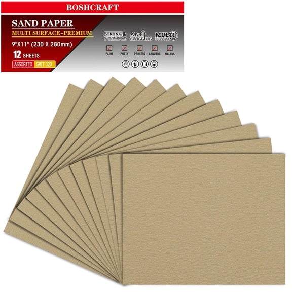 FRKSMD-320 Grit Sandpaper, Sandpaper Assortment for Wood Metal Furniture Hand Sander Sand Paper Set Sandpaper Sheets Cut for Use 9" x 11"/12 Sheets
