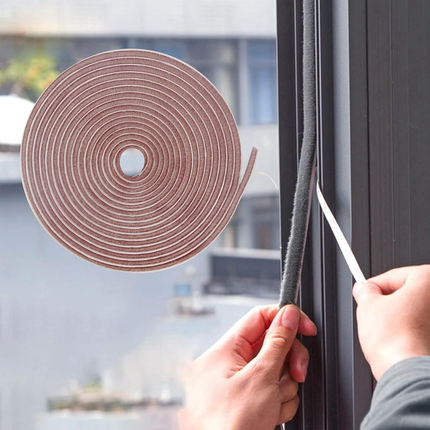 FRKSMD-39.4FT Weather Stripping for Doors and Windows, Self-Adhesive Soundproofing Door Seal, Door Insulation for Sliding, Exterior, Frames and Front, 0.35'' Wide x 0.35'' Thick, Brown