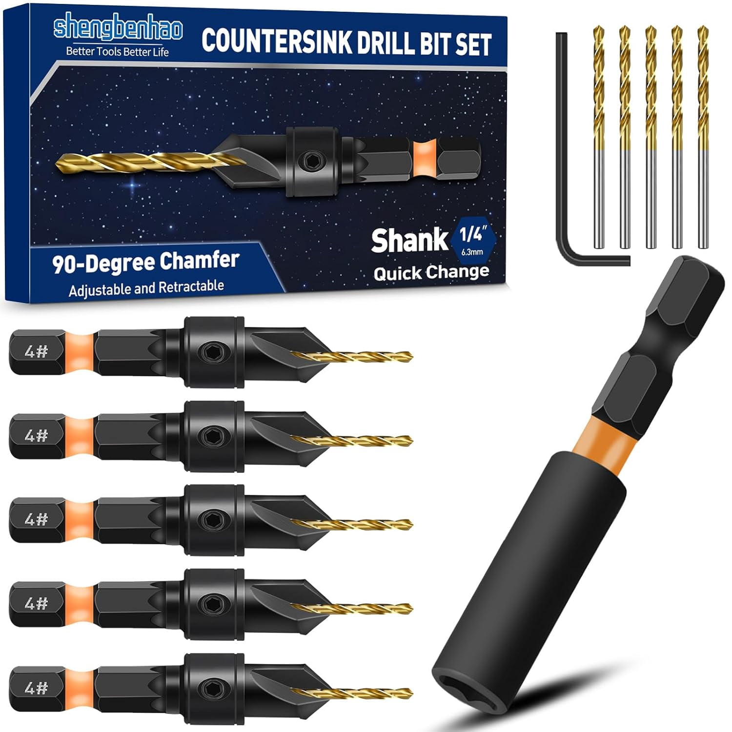 FRKSMD-#4 Countersink Drill Bit Set for Wood, 12Pcs Adjustable Counter Sink Drill Bit with Magnetic Extension Bit Holder and 1/4” Hex Shank Quick Change for Woodworking
