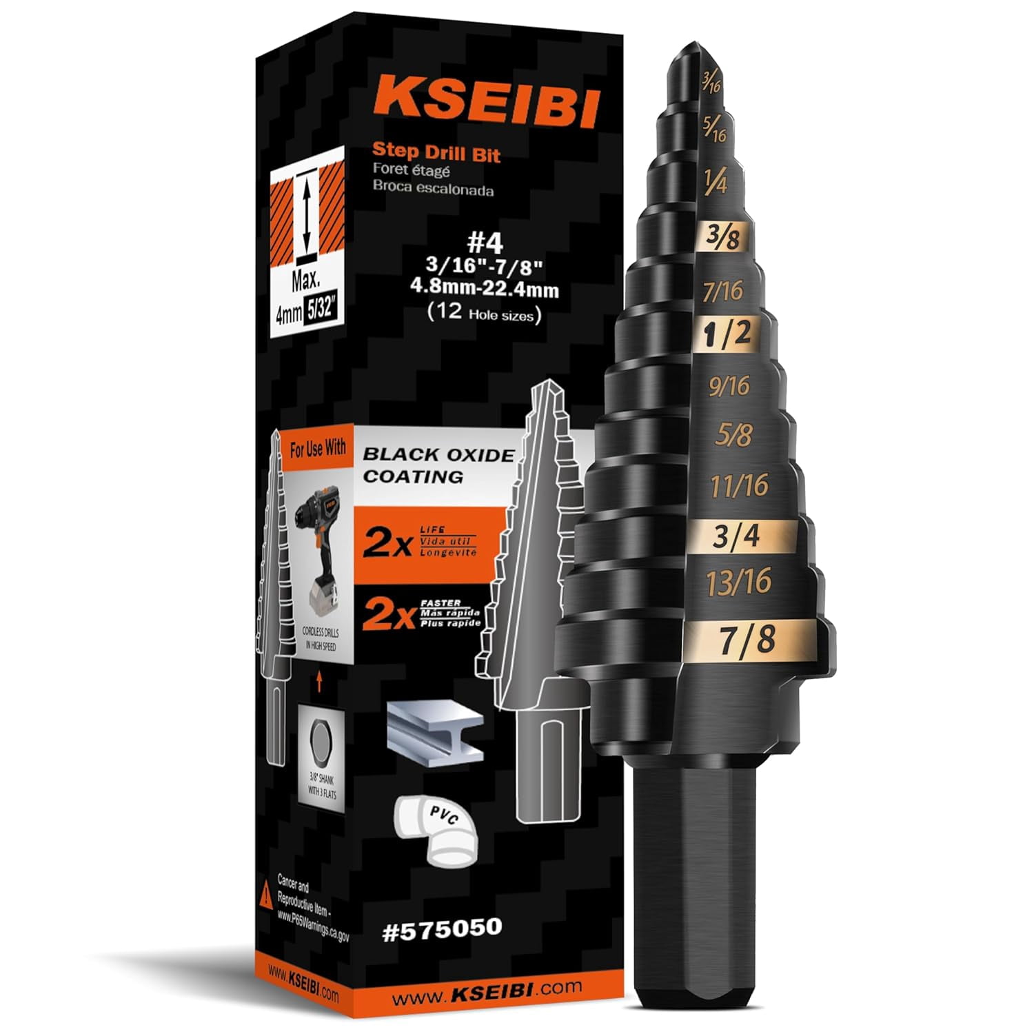 FRKSMD-#4 HSS Step Drill Bit Set 3/16-7/8" with 3/8 Shank - Black Oxide Finish for Metal, Wood, Plastic Drilling - Durable, Precision Multi-Sized Bits with 3-Flat Shank 575050
