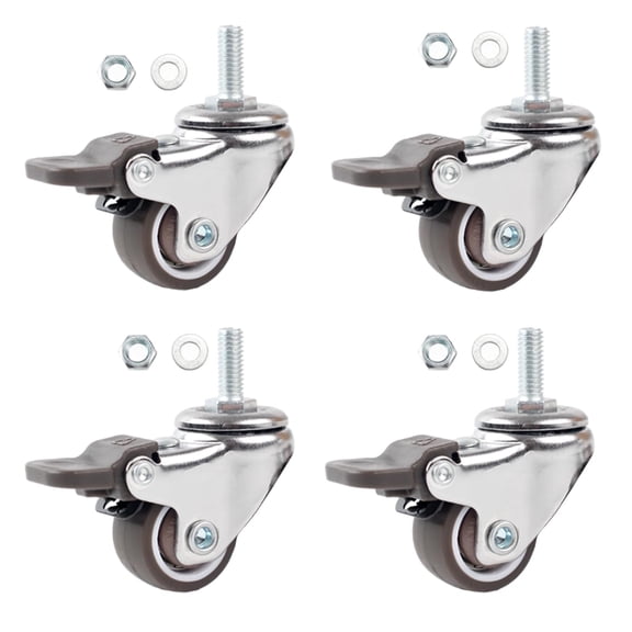 FRKSMD-4 Pack 1 Inch Caster Wheels with Threaded Stem, Metric M6*15mm Stem Swivel Casters with Brakes, Non-Marks Rubber Rollers Small Screw Wheels for Furniture, Carts, Desks, Wire Shelving