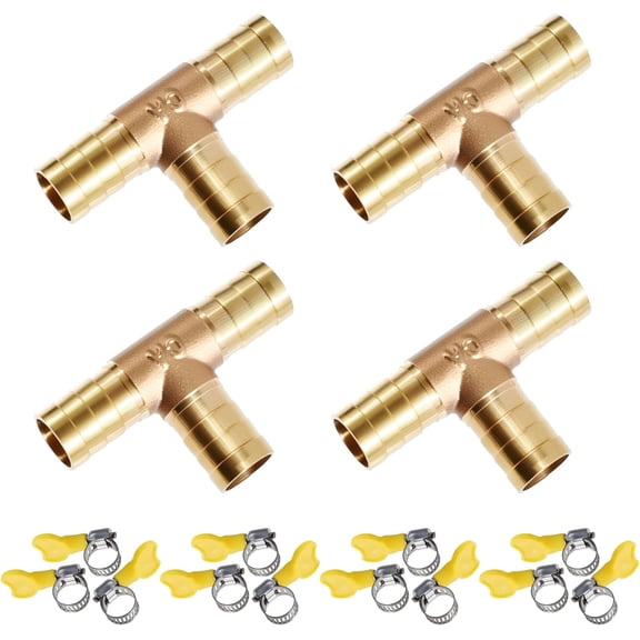 FRKSMD-4 Pcs Brass PEX Elbow Tee Coupling 3/8 Inch Brass Pex Tee Crimp Couplings with Stainless Steel Clamp Rings for Cross-linked Polyethylene Tubing Pipe