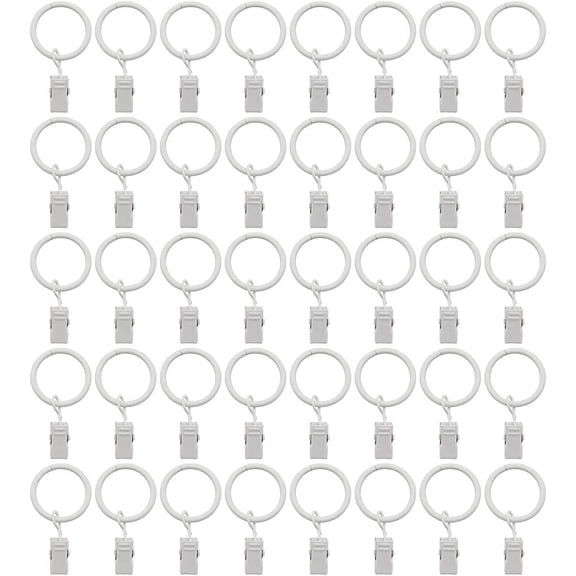 FRKSMD-40 Pack White Curtain Rings with Clips,1 Inch Interior Diameter White Clip Rings for Curtain