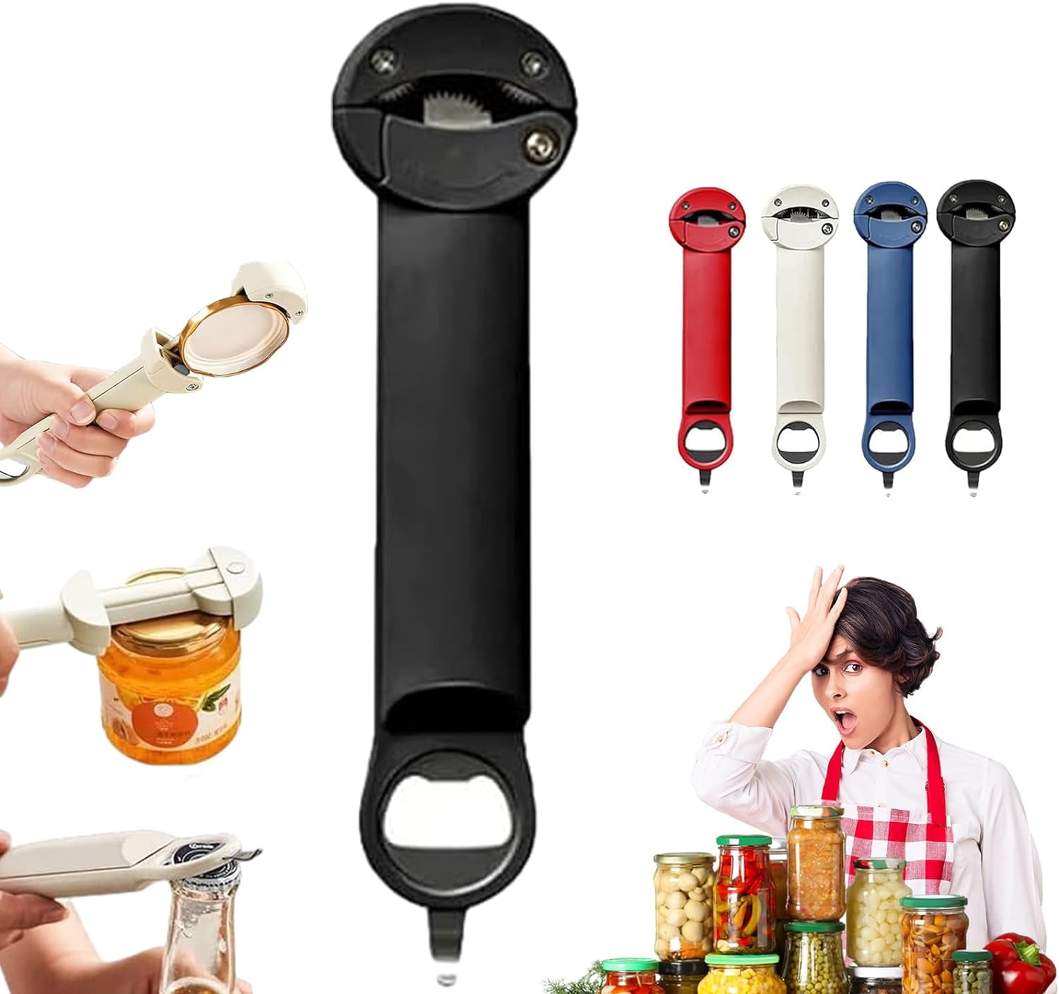 FRKSMD-4Colors Jar Opener - Adjustable Stainless Steel Can Opener, Multifunctional Retractable Bottle Opener, Labor-Saving Bottle Opener with Stainless Steel Gear (Black)