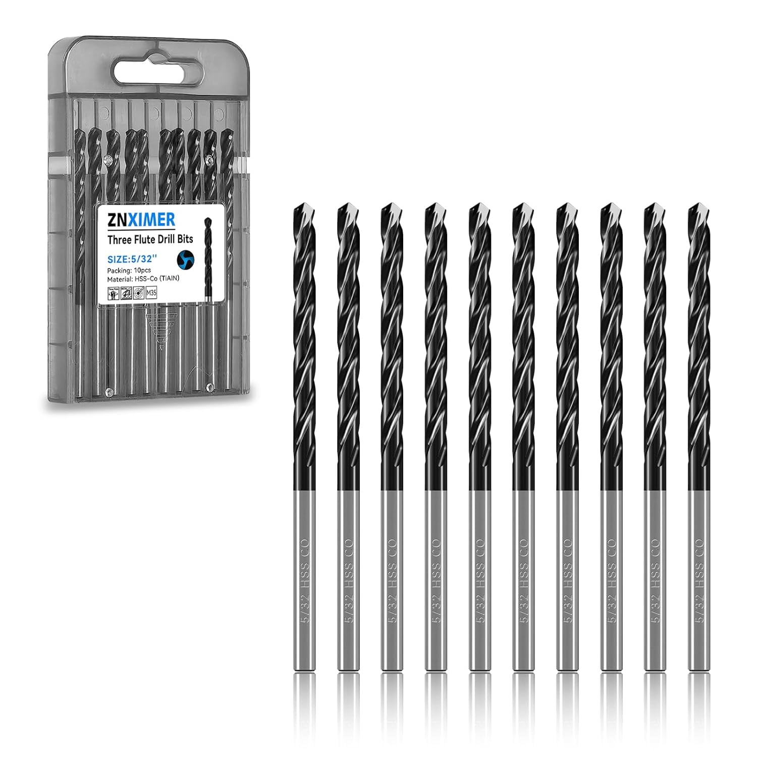 FRKSMD-5/32" Triple Spiral Flute Cobalt Drill Bit Set (Pro - TiAlN Coated), Metal Drill Bit Set for Steel, Hardened Metal, Stainless Steel, 10-Piece with Index Storage Case