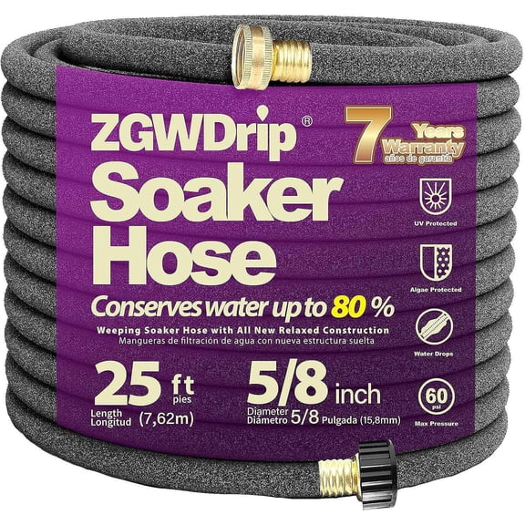 FRKSMD-5/8" 25FT Heavy Duty Soaker Hose with Brass Connectors  Ultra-Flexible Drip Irrigation for Gardens, Lawns & Raised Beds