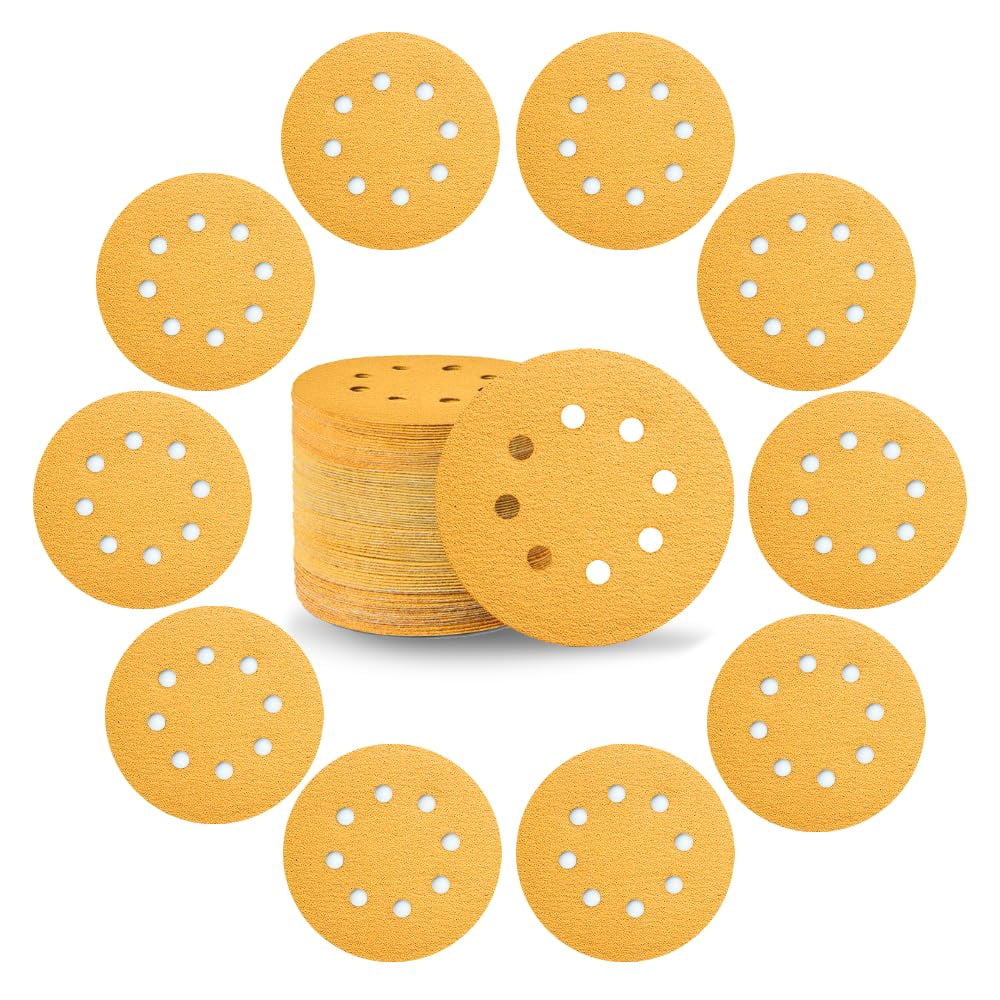 FRKSMD-5 Inch 8 Hole Sanding Discs Hook and Loop50pcs Gold Round Hook and Loop Sandpaper for Random Orbital Sander 180 Grit