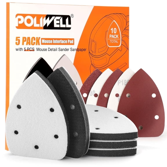 FRKSMD-5 Pack Mouse Sanding Interface Pad Hook and Loop, Triangle Sanding Pad with 5 Holes, Mouse Sander Sandpaper Backing Pad Come with 5P Mouse Sander Sandpaper (40-240 Grits) for Detail Sanding