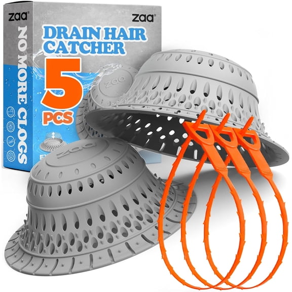 FRKSMD-5 Pcs Bathtub & Shower Drain Hair Catcher, 2 Pack Silicone Collapsible Drain Protector and Drain Cover with 3 Snake Drain Clog Removers, for Pop-Up and Regular Drains of Tub, Shower, Bathroom