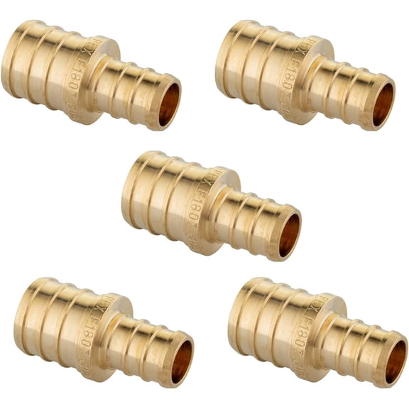 FRKSMD-5 Pieces Pex Barb Crimp Brass Fittings 1/2 Inch x 3/4 Inch Reducing Coupling, ASTM F1807,(PEX1807012-5PCS)