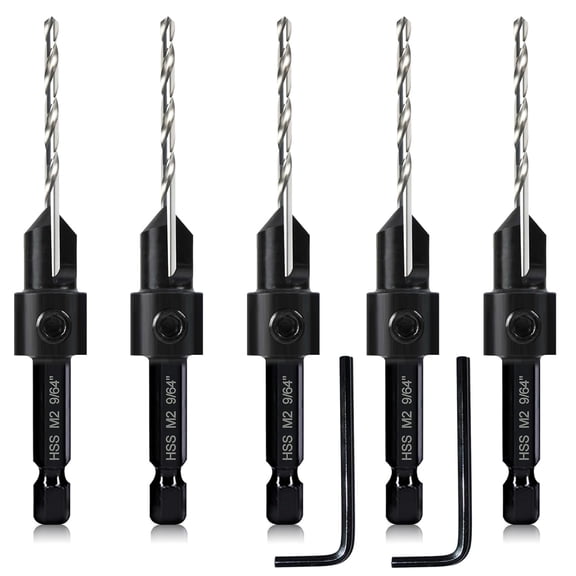 FRKSMD-5-pc #12 Countersink Drill Bit Set, 3in1 Woodworking Counterbore Hole Saw Drill Bits, Depth Adjustable 9/64" M2 Pilot Drill Bits, 82-Degree Chamfer, 1/4 Hex Shank, 2 Allen Wrench